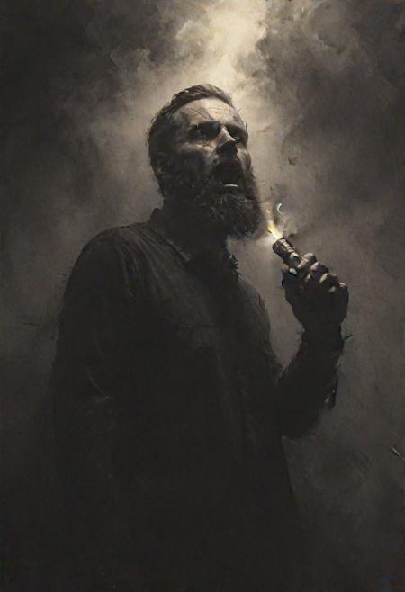 horror, shines a lighter on himself from below, Bearded man Face lighting from below, bottom view, lighter in hands, revolver in other hand, 8k,   <lora:- SDXL - vant_blk_contrast_V2.0:0.7>   <lora:Desolation:0.5>