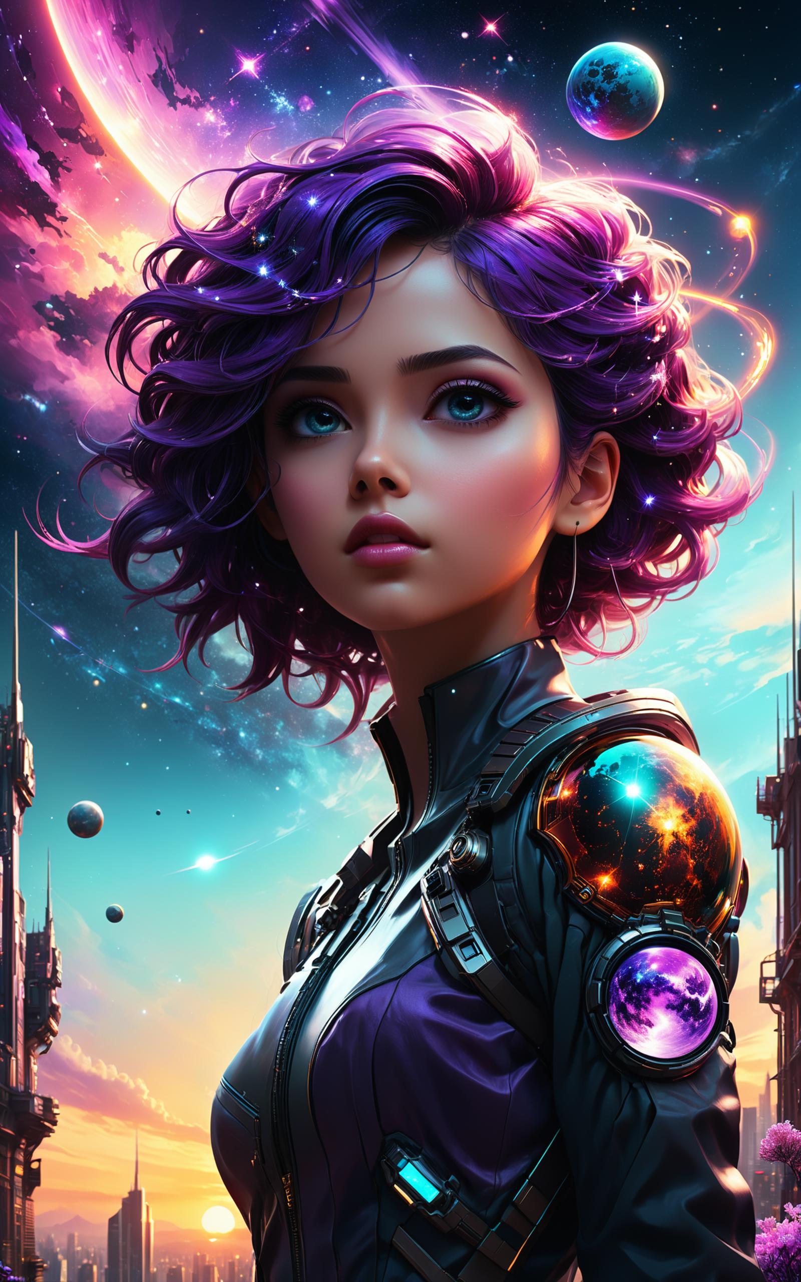 A purple-haired woman in a futuristic outfit stands against a backdrop of a purple sky filled with stars.