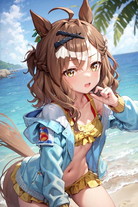 masterpiece, best quality, 
jungle pocket \(umamusume\),
beach, ocean, ear ornament, open jacket
<lyco:jungle_pocket_loha:0.7>