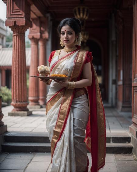 Bengali Style White and Red Saree Holding Ritual Plate