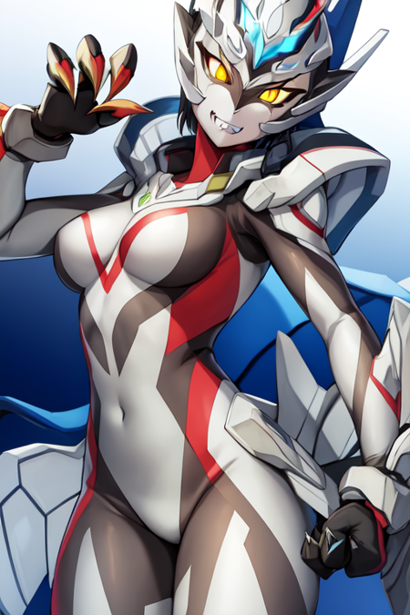 ultramanreiwa, solo, 1girl, medium breasts, yellow eyes, neon trim, grey bodysuit, gun, mask, claws, clenched teeth