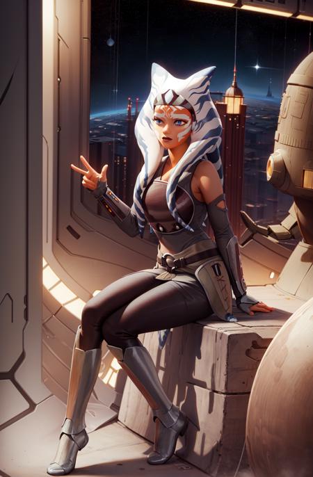 masterpiece, best quality, (1girl), ahsoka_rebels, alien, 1girl, cowboy shot, space background, planet, galaxy, grey dress, boots, blue eyes, detailed eyes, space ship interior, scifi, sitting, starry sky