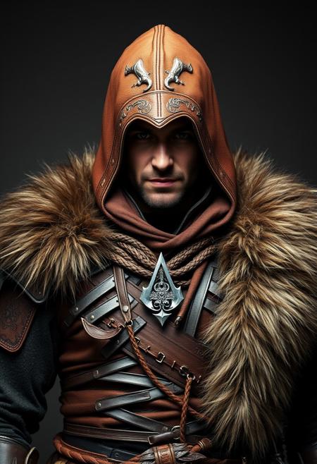 Assassin's Creed Character, mongolian costume, leather armour, fur cape,  masterful studio photography