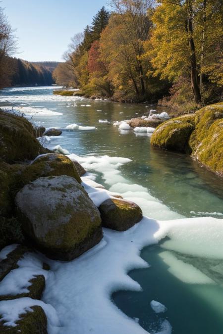 RAW photo, Denmark, delicate nature, wild nature, picturesque scenery, pristine vegetation, calm sky, majestic landscape, enchanting atmosphere, icy river, crystal water, sunlight illuminates the icy water, photorealistic, masterpiece, 64k, UHD, ultra detailed, vivid colors, high quality, sharp focus