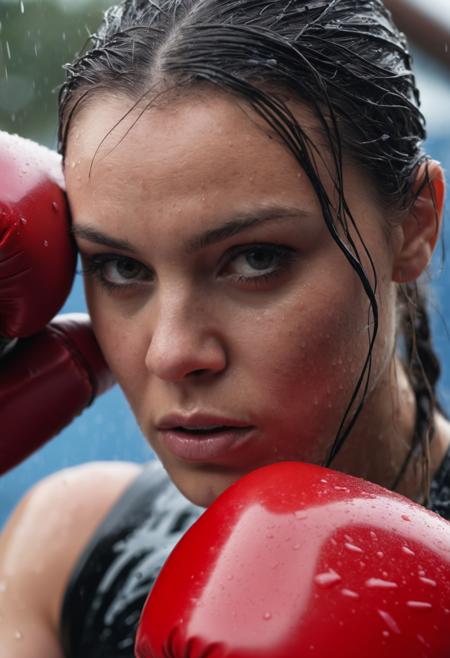 Horror-themed photograph extreme close up portrait of dripping wet Female boxer training, boxing gloves, serious, stoic cinematic 4k epic detailed 4k epic detailed photograph shot on kodak detailed bokeh cinematic hbo dark moody . Eerie, unsettling, dark, spooky, suspenseful, grim, highly detailed