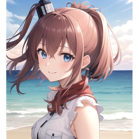 ((masterpiece)),(best quality),official art,extremely detailed CG,unity 8k wallpaper,ultra detailed,A lighthouse on a cliff by the sea,1girl,solo,upper body,(portrait:1.2),large_breasts,garter_straps,brown_hair,side_ponytail,red_neckerchief,wind_lift,white_dress,breast_pocket,red_thighhighs,blue_eyes,belt,hair_between_eyes,looking_at_viewer,high_heels,long_hair,sidelocks,smile,hair_ornament,sleeveless,<lora:Saratoga(kan)>,