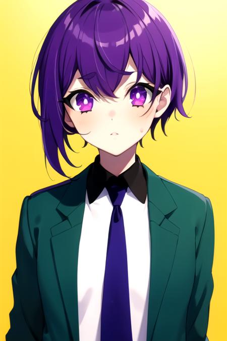 masterpiece, highres, absurdres,1girl,<lora:MayumiDoujimaR4:0.7>,MayumiDoujimaR4, purple hair, purple eyes,star \(symbol\), (yellow background), (upper body), green jacket, white shirt, tie