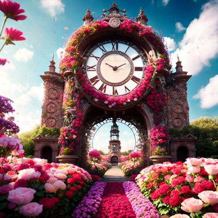 photo (FlowerGateway style:1) a giant clock tower in the middle of a flower garden <lora:djzFlowerGatewayV21:1>