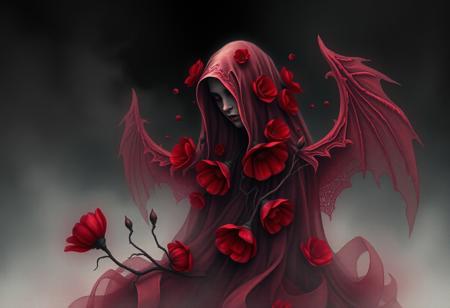 A hauntingly beautiful red floral ghost enveloped in an eerie mist, illustrated in the style of gothic art, intricate details, delicate petals, dark shadows, ethereal atmosphere