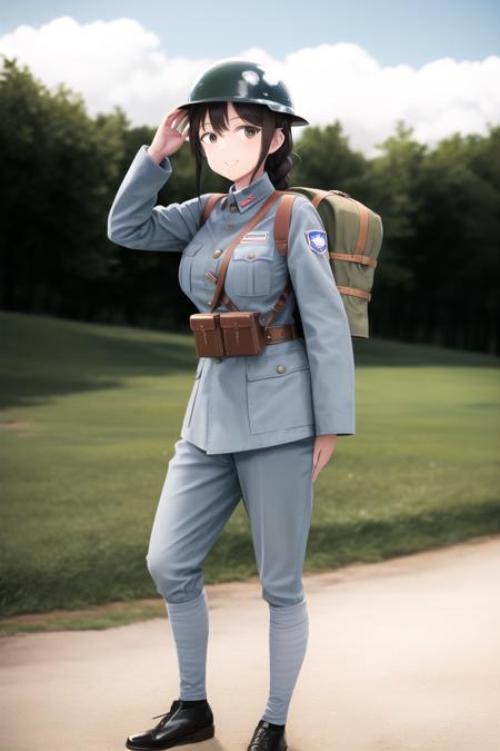 masterpiece, best quality, absurdres, high resolution, extremely detailed, 1girl, solo, <lora:NRAuniformv0:0.7>, leather belt pouch,  black long hair, single braid,  smile, battlefield,  outdoors,   backpack,uniform, military_uniform, military, NRA1926,ufo helmet,helmet badge,armband,light blue uniform,leg wrappings,leg_wrap, infantryman's puttee,black shoes,NRA soldier, large breasts,  narrow waist,  <lora:shimadaFumikaneStyle_v2:1>