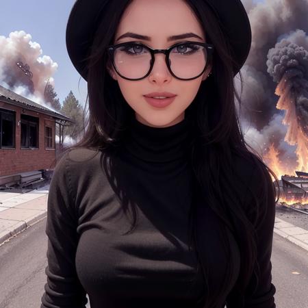 photo of <lora:sniperwolf-10:0.7>, sniperwolf, a woman with ((pale skin, thick black glasses):1.1), ((cowboy shot, waist, hips, thighs):1.2),(beautiful skin, perfect skin), ((turtleneck sweater dress, microphone, camera, reporter hat, talking, standing):1.2), ((outdoors, burning neighborhood, homes, fire, explosions):1.2),((red lipstick, eyeliner, full makeup, eye shadow):1.2),((best quality, masterpiece, extreme details):1.2) ((detailed face, beautiful face, detailed eyes, beautiful eyes)),modelshoot style, (extremely detailed CG unity 8k wallpaper), photo of the most beautiful artwork in the world, , professional majestic (photography by Steve McCurry), 8k uhd, dslr, soft lighting, high quality, film grain, Fujifilm XT3 sharp focus, f 5.6, High Detail, Sharp focus, dramatic