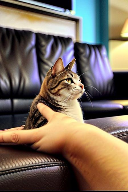 a cat smoking a cigar, sitting on black couch, fireplace, side view, close up, <lora:vhs:1>