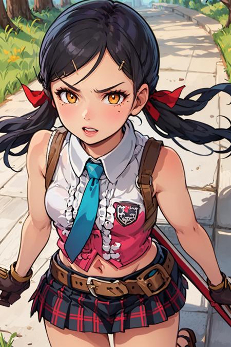black hair, low twin tails, red ribbons, yellow eyes, red pupils, long hair, sleeveless, white and red shirt, white collared shirt, brown gloves, hair ornament, teal necktie, pleated red skirt, plaid red skirt, midriff, belt, miniskirt, bare legs, (mary janes:1.3), brown footwear, holding a katana, sheath, mole under eye, bandage, bandaid