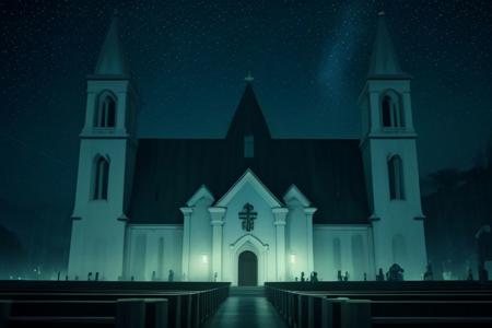 detail photo, minimalistic, cinematic lighting, moody, realism, A church  with green and white ghostly figures floating around it, a night sky with stars and rain,