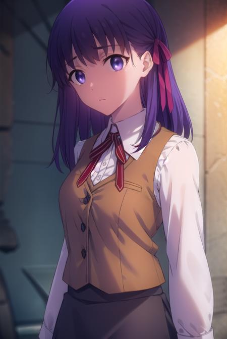 sakuramatou, <lora:sakura matou ubw-lora-nochekaiser:1>,
sakura matou, long hair, (purple eyes:1.1), purple hair, ribbon, hair ribbon, red ribbon,
BREAK shirt, white shirt, collared shirt, long sleeves, neckertie, red neckertie, vest, light brown vest, skirt, black skirt,
BREAK indoors,
BREAK looking at viewer, (cowboy shot:1.5),
BREAK <lyco:GoodHands-beta2:1>, (masterpiece:1.2), best quality, high resolution, unity 8k wallpaper, (illustration:0.8), (beautiful detailed eyes:1.6), extremely detailed face, perfect lighting, extremely detailed CG, (perfect hands, perfect anatomy),