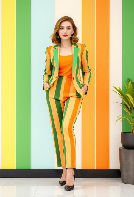 A orange and acid green business woman with vertical stripes in a modern style