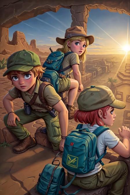 2girls 2boys adventuring in ancient desert ruins, khaki clothes hats and backpacks cargo action camera dutch angle (masterpiece:1.2) (illustration:1.2) (best quality:1.2) (detailed) (intricate) (8k) (cinematic lighting) (sharp focus)