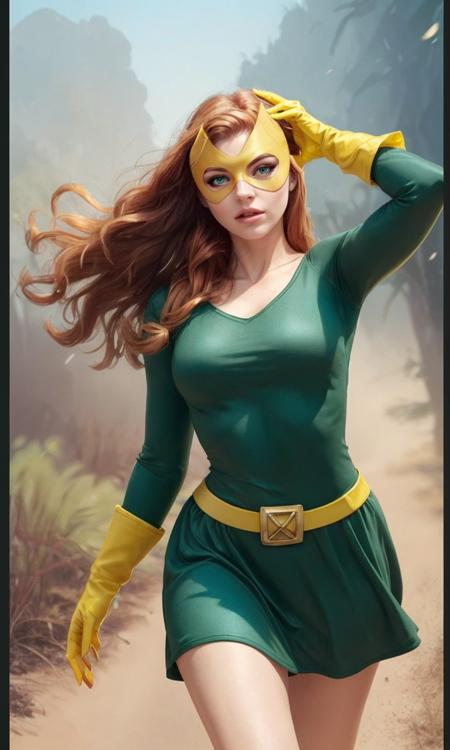 marvgirl2023, 1 girl, ginger hair, uhd, best quality, masterpiece, 5 fingers, closeup, full body, long hair, yellow eye mask, green dress, green eyes, elegant mansion, yellow gloves, holding head, psychic,