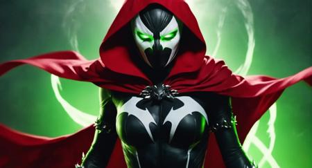 concept art of (Cinematic Film stock footage style) in (arri alexa style) (Kodak film print style),
 <lora:Spawn:1>
Spawn a woman in a living symbiotic costume with a red cape and a black and white mask and green glowing eyes, digital artwork, illustrative, painterly, matte painting, highly detailed