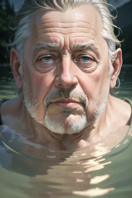 ((best quality)), ((masterpiece)), ((realistic)), (detailed), man LeifGW, serious look, (partially submerged), in water, vivid colors, (portrait composition:1.3), (high-resolution:1.2)