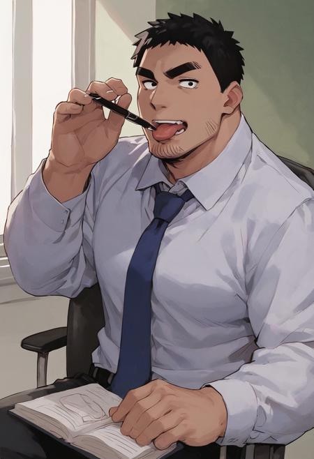 score_9, score_8_up, score_7_up, score_6_up, Harumi Takeda, black hair, short hair, facial hair, stubble, black eyes, thick eyebrows, sanpaku, constricted pupils, white collared shirt, blue necktie, black pants, saluting, holding pen, licking pen, looking at viewer, office