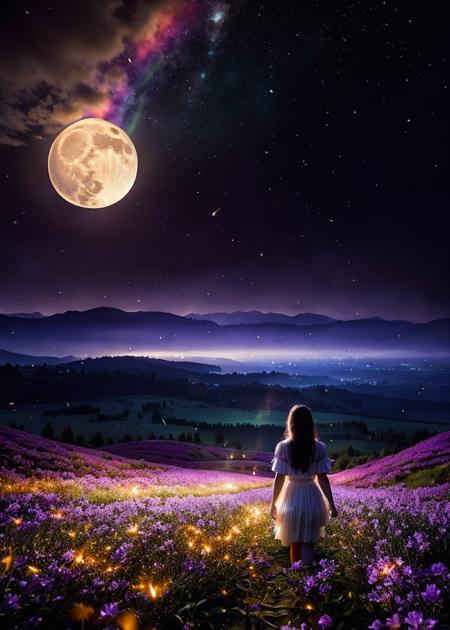 Vast landscape photo, (viewed from below, the sky is above and the open field is below), a girl standing on a flower field looking up, (full moon: 1.2), (meteor: 0.9), (nebula: 1.3), distant mountains , Trees BREAK Crafting Art, (Warm Light: 1.2), (Fireflies: 1.2), Lights, Lots of Purple and Orange, Intricate Details, Volumetric Lighting, Realism BREAK (Masterpiece: 1.2), (Best Quality), 4k, Ultra-Detailed, (Dynamic Composition: 1.4), Very Detailed, Colorful Details, (Rainbow Colors: 1.2), (Glow Lighting, Atmospheric Lighting), Dreamy, Magical, (Solo: 1.2)