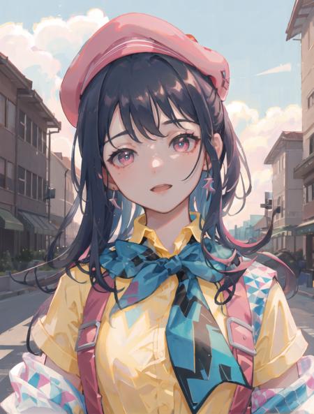 ((masterpiece)), (((best quality))), ((extremely detailed)), colorful, hdr, 1girl, solo,<lora:xinhua:0.6>, xinhua, upper body, pink hat, ____, beret, pink eyes, blue neckerchief, _______, yellow shirt