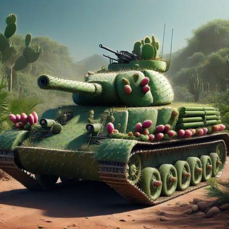 [tank]tank panzer wagon, gun barrel, driving through the jungle and desert, tech  <lora:Prickly Pear Style v1:1>, Prickly Pear Style,
