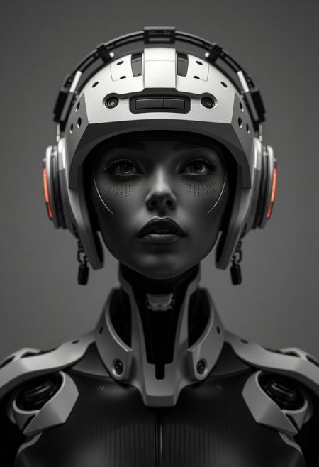 an image of a futuristic woman in a robotic head gear, in the style of dark white and dark black, influenced by ancient Chinese art, audio-visual installations, dada-inspired sculptures, steelpunk, symmetrical design --ar 1:2 --stylize 750