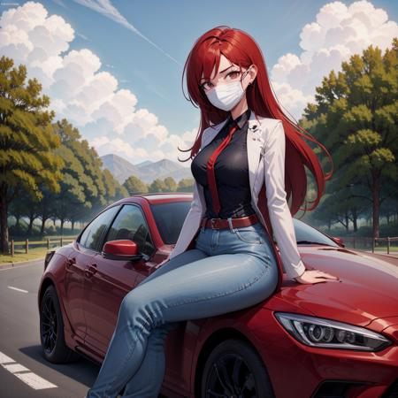 woman, sitting on car hood, long red hair, brown eyes, medical face mask, ear, earring, white coat, black blouse, tie, jeans, black heels, red sedan, hands on hood, crossed legs, road, trees, sky, mountains <lora:sitting_on_car_hood_01:0.6> <lora:face_mask_01:0.6>