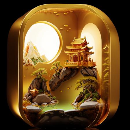 photorealistic,realive,miniature,bonsai in glass box,golden independent building,grass,nature,no humans,(underwater:1.3),fantasy,goldfish,
golden,gold trim,circular ring,fluorescent light,flsorescence,glow,glowing,jade and gem textured,(((golden mountain))),(waters),golden Ancient pavilion,plants,jewelry of jadeite and jade,genuine pearl,
(golden auspicious clouds:1.1),towering trees,light strip,mountain road,<lora:ali_golden_v22:0.8>,