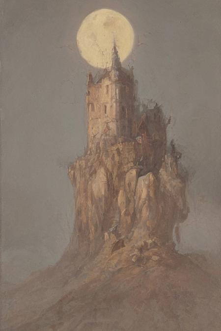 oil painting, of a castle on a cliff, forest, night, a flock of bats flying in the dark sky, reddish moon, clouds tainted red, dark theme, still life, shadows, haunted castle
