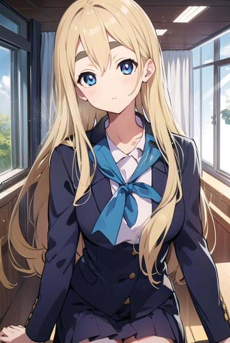 tsumugikotobuki, <lora:tsumugikotobukitest:1>,
tsumugi kotobuki, blonde hair, blue eyes, long hair, thick eyebrows, eyebrows,
BREAK sakuragaoka high school uniform, school uniform,
BREAK looking at viewer,
BREAK indoors, classroom,
BREAK <lora:GoodHands-vanilla:1>, (masterpiece:1.2), best quality, high resolution, unity 8k wallpaper, (illustration:0.8), (beautiful detailed eyes:1.6), extremely detailed face, perfect lighting, extremely detailed CG, (perfect hands, perfect anatomy),