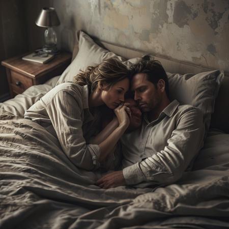 Photorealistic style, Shot from above of a couple lying on a bed, back to each other, with a sad and distant expression, in a dimly lit room. Desaturated colors. realisticvision-negative-embedding