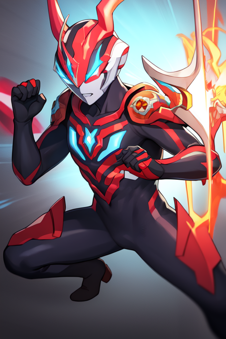 ultramannewgen, solo, clenched hands, black bodysuit, blue eyes, helmet, gloves, clenched hand, boots, weapon, horns, fighting stance