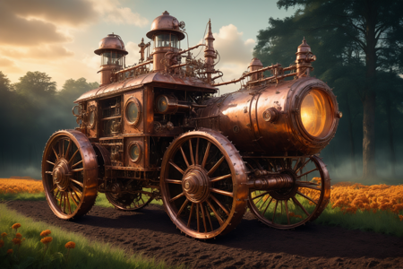 a copper steampunk carriage with mechanical legs, brass lanterns, steam escaping, solo, a copper gear, large and ornate, resting on the ground, steampunk farm with mechanical scarecrows, steam-powered plows, rolling fields, a copper steampunk tractor in the field, detailed background, riding with oversized wheels, steam engine puffing, wide shot, best quality, vibrant colors, 3D render style, sharp contrast, golden light tones, warm yellows and oranges, bright light, wide shot, <lora:MadeOfCopper01_CE_SDXL:1>