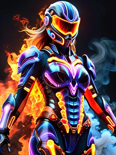 Abstract style 1girl,full body,smoke,water,cloud,fire,, best quality, ultra high res, (photorealistic:1.4), . Non-representational, colors and shapes, expression of feelings, imaginative, highly detailed, (transparent heavy armor warrior tranzp suit:1) neon vein, heavy armor helmet with purple and orange neon transparent glow <lora:ral-ledlights-sdxl:1> made of ral-ledlights