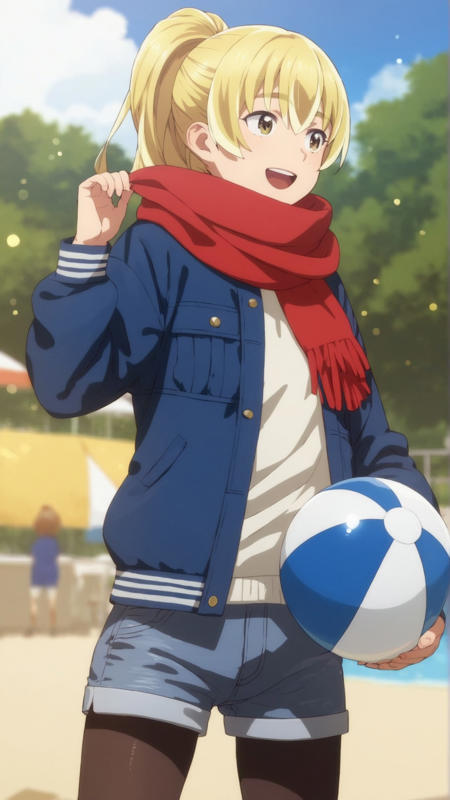 anzu_hinamatsuri anzu_hinamatsuri, an anime girl,  1girl, solo, long hair, smile, open mouth, blonde hair, jacket, ponytail, pantyhose, shorts, scarf, black pantyhose,  anzu_hinamatsuri, an anime girl,  1girl, solo, blonde hair, shirt, sky, day, belt, cloud, side ponytail, white jacket, black shirt anzu_hinamatsuri, an anime girl,  1girl, solo, long hair, blonde hair, full body, sandals, pajamas anzu_hinamatsuri, an anime girl,  1girl, solo, long hair, blonde hair, outdoors, day,