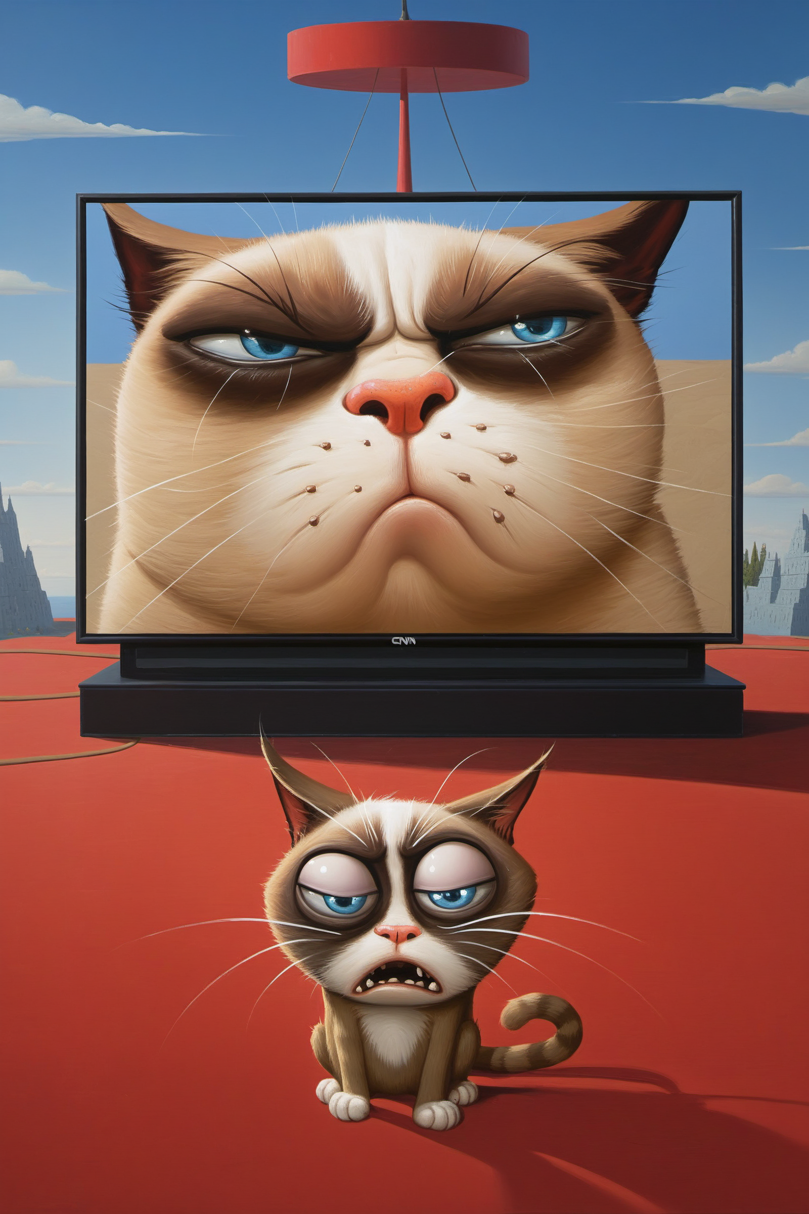 A cartoon cat is sitting in front of a Dell monitor with a cat on the screen.