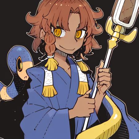 dowman sayman,   <lora:dowman_sayman_lora-30:1>, (1boy), solo, male, guy, boy, (brown hair), dreadlocks, snake, snake eyes, snake pet, ((brown skin)), india, staff, magic, friendly, smile, dark background, blue robe, yellow eyes,