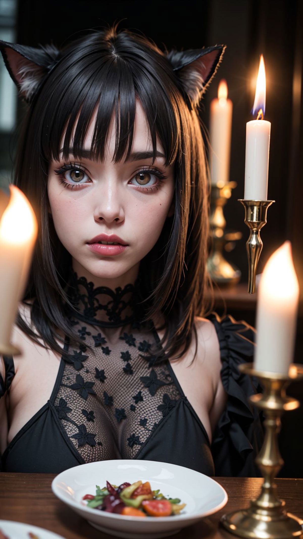 A young woman with long black hair and a black lace top stands in front of a background of lit candles. The image captures her gaze and features the close-up of her face and upper body.