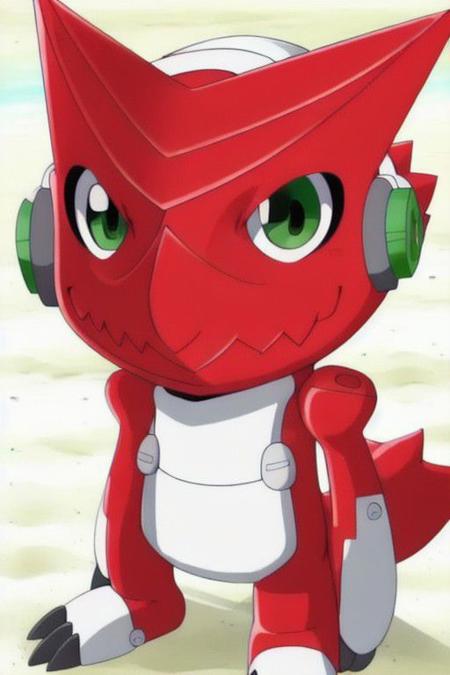 ((masterpiece,best quality)),best res,good anatomy,cute,ultra cute face,smiling,extremely detailed face,4k,happy, upper body,,detailed eyes,beautiful,smiling,,cute,very cute,, solo,, smile, ,blushing,full body,upper body,,middle of a beach,green eye,shoutmon,red skin,