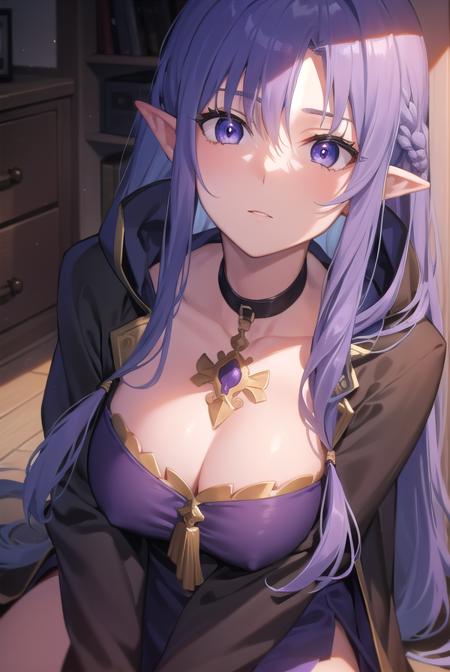 medea, blue hair, long hair, (purple eyes:1.1), purple hair, braid, hair braid, single braid, pointy ears, choker, cloak, hood, jewelry, magic, ring, robe, solo, witch,