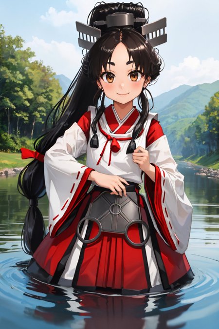 nisshin multi-tied hair high ponytail headgear japanese clothes red ribbon wide sleeves ribbon-trimmed sleeves hakama skirt