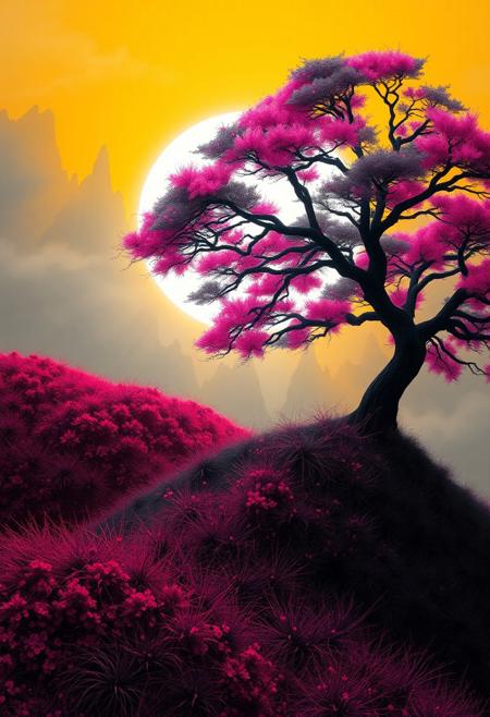 Abstract, blood fleecy hill, sprawling black and pink tree, white neon disk shining on a yellow and gray sky, abstract nature, digital art, digital art, ultra detail