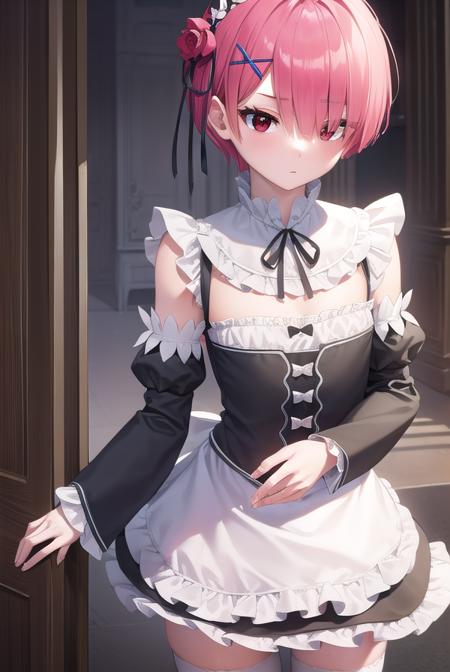 rezeroram, <lora:rezeroram-lora-nochekaiser:1>, 
ram, hair flower, hair ornament, hair over one eye, pink hair, (red eyes:1.5), short hair, x hair ornament, bangs, blunt bangs, (flat chest:1.2),
BREAK apron, black bow, black dress, black ribbon, bow, detached sleeves, dress, frilled apron, frilled sleeves, frills, juliet sleeves, long sleeves, maid, neck ribbon, puffy sleeves, ribbon, roswaal mansion maid uniform, thighhighs, two-tone dress, waist apron, white bow, white dress, white thighhighs,
BREAK indoors, mansion,
BREAK looking at viewer, (cowboy shot:1.5),
BREAK <lyco:GoodHands-beta2:1>, (masterpiece:1.2), best quality, high resolution, unity 8k wallpaper, (illustration:0.8), (beautiful detailed eyes:1.6), extremely detailed face, perfect lighting, extremely detailed CG, (perfect hands, perfect anatomy),