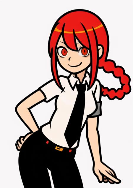 rhythm_heaven, makima \(chainsaw man\), 1girl, standing, red hair, long braided hair, golden eyes, bangs, medium breasts, white shirt, black necktie, necktie, stare, smile, (evil:1.2), black pants, long pants <lora:RhythmHeavenTest6:0.7> <lora:makima_offset:0.7>