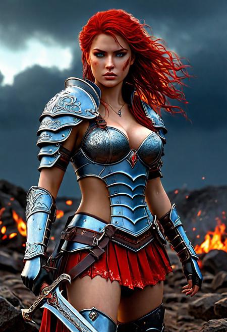 High resolution ultra-realistic of Beautiful Warrior girl, Fantasy style, 8k, capturing the intensity of the moment, dramatic lighting, standing on a bloody and stormy battlefield in a fighting pose, fire, intricately designed shining iron armor, red mini skirt, perfect athletic figure, beautiful Warrior girl, fire, dirty face, ultra realistic, cinematic style, athletic figure, dark fantasy, covered in dirty and blood, cinematic colors Lighting, extremely detailed, 8K, wavy red hair, realistic dirty bloody pale face, realistic blue eyes, beautiful Warrior girl on in cool iron armor, hyper-detailed, hyper-realistic, bright colours, Attractive 21 old years girl, Attractive, beautiful firm Breasts, sharp focus, digital painting, Photograph Taken on Nikon D750, Alphonse Mucha, 8K, athletic figure, Hyperdetailed, hyperrealism, Attractive, Attractive bust girl, asymmetric balance