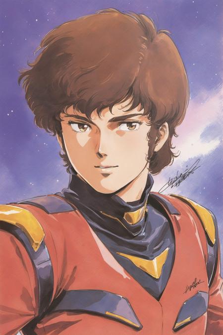 Amuro Ray, 1boy, solo, brown hair, male focus, pilot suit, white gloves, brown eyes, signature, science fiction, retro artstyle,1980s (style),looking at viewer, traditional media, portrait, watercolor \(medium\),<lora:Hiroyuki Kitazume _XL:0.8>