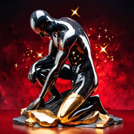Black to red gradient background, The gray obsidian cracked stone statue of a kneeling man, full body, golden stars, magic, casting spell